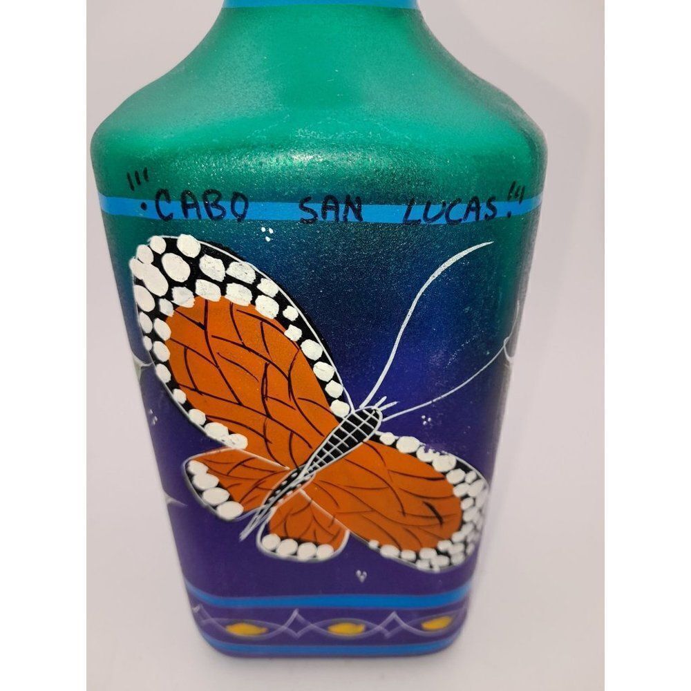 Amatitan Jalisco Mexico Hand Painted Tequila Bottle Butterfly Agave Plant Cabo